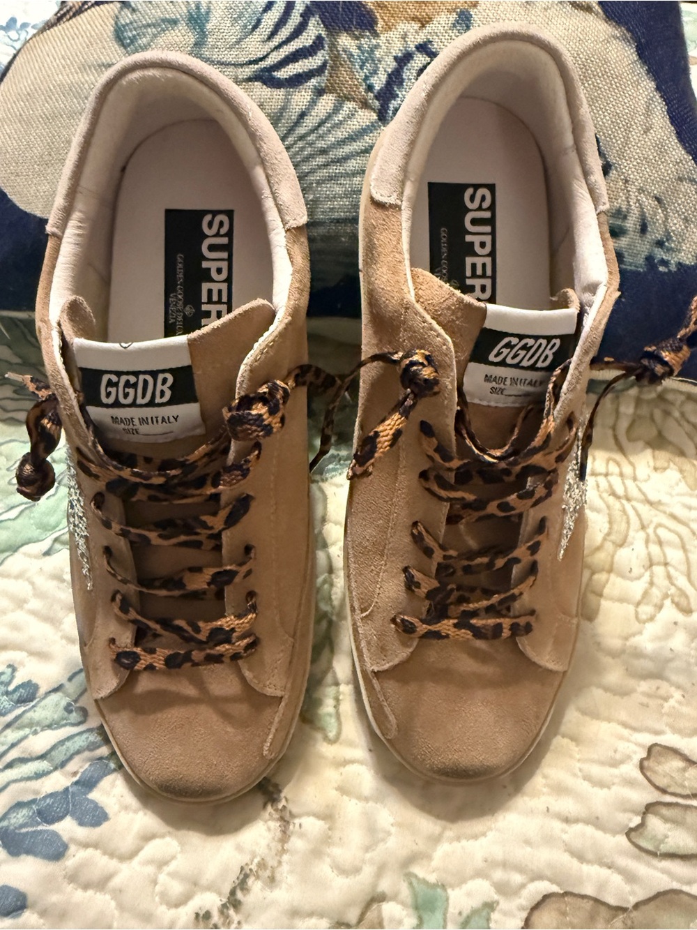 Golden Goose Tan Suede Superstars Sneakers Silver Glitter Star Leopard Size 39 - Picture 5 of 8